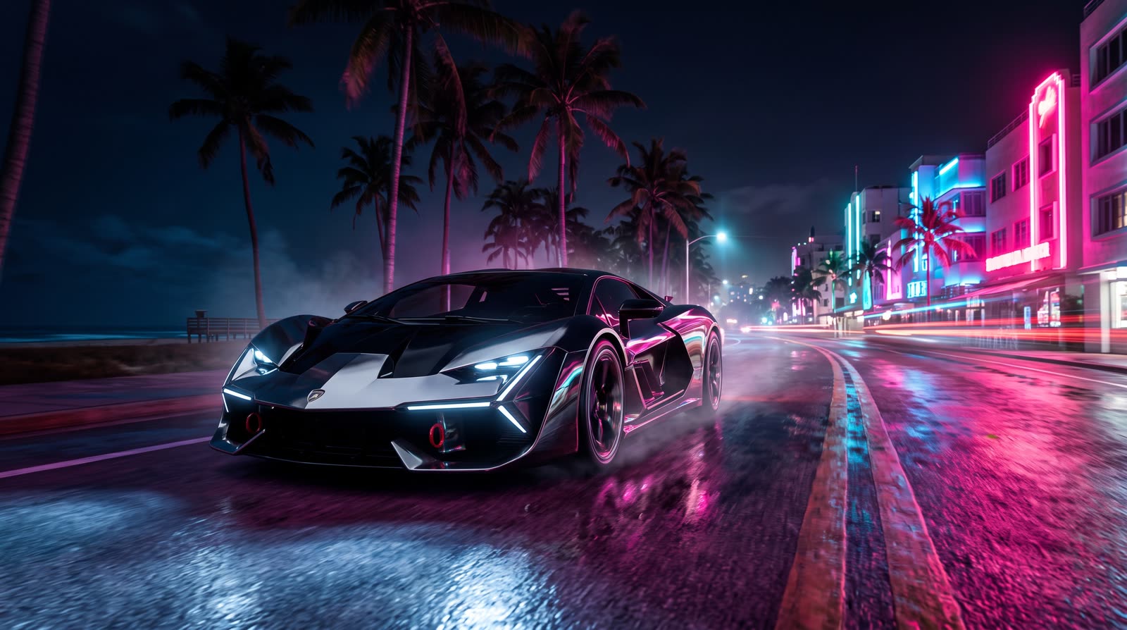 Supercar on a neon boulevard at night